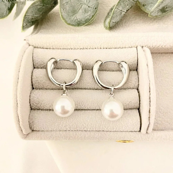925 Sterling Silver Pearl Hoop Earrings Pearl Dangle Earrings - Picture 6 of 6